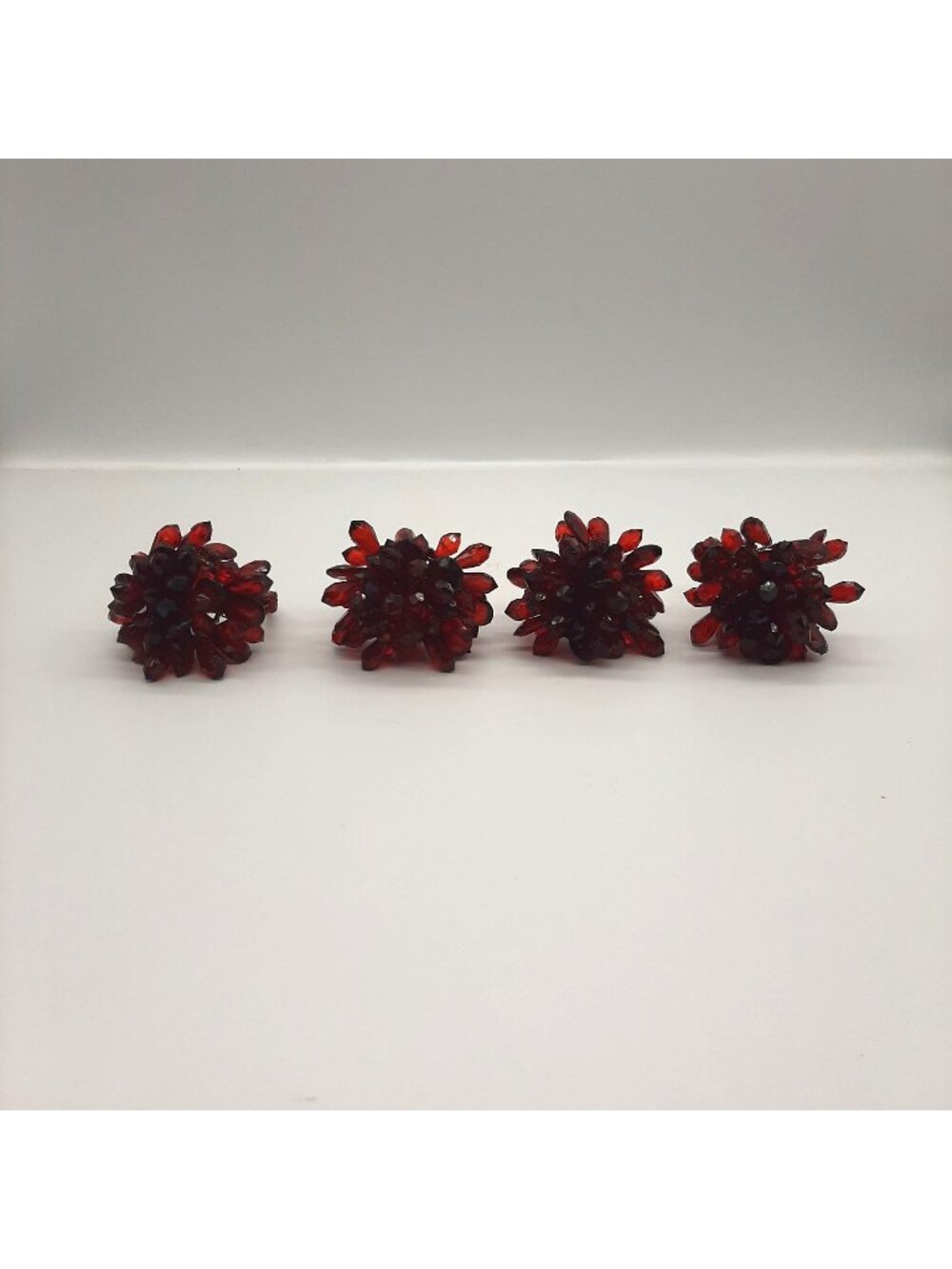 Set Of 4 Ruby Red Beaded Napkin Rings Floral Clusters Gold Accents